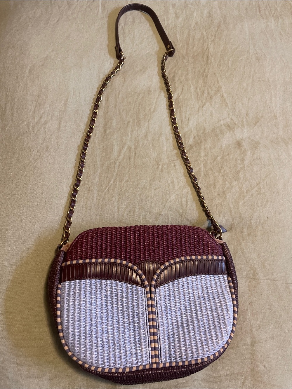 Woven Brown, Burgundy and Blue Crossbody Bag with Chain Strap